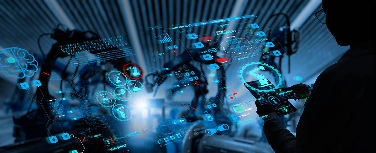 Manufacturing & AI Industrial Engineer working with automation robot arms machine in an intelligent factory