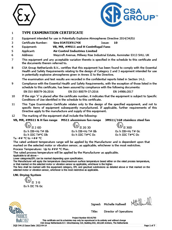 Sira 03ATEX9174X ACI certificate for ATEX update